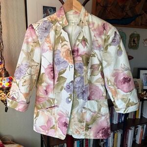 Coldwater Creek Floral Cotton 3/4 Sleeve Blazer with Pearl Snaps, Size 10 Lined